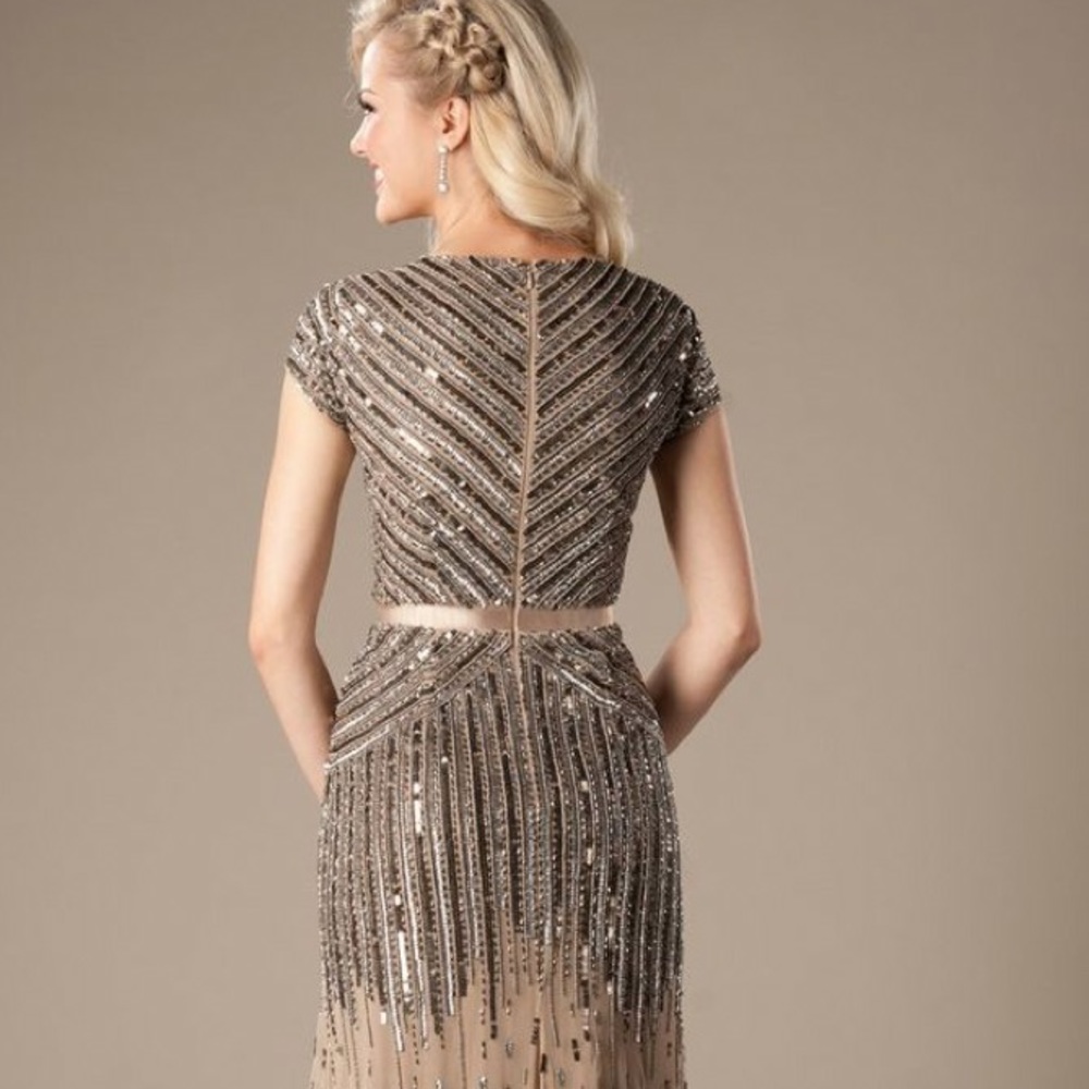 Adrianna-Papell beaded short sleeves V-Neck long evening Gown - Picture 14 of 16